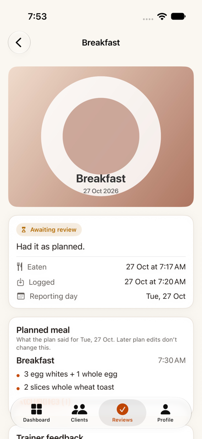 MealSaathi trainer review screen showing illustrative demo data